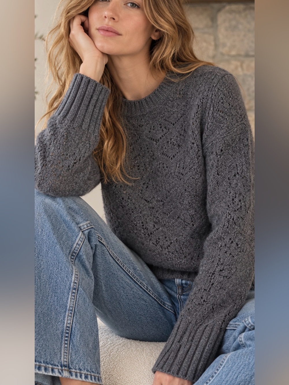 J. Crew Wide-sleeve pointelle crewneck sweater in merino wool top rated XS gray